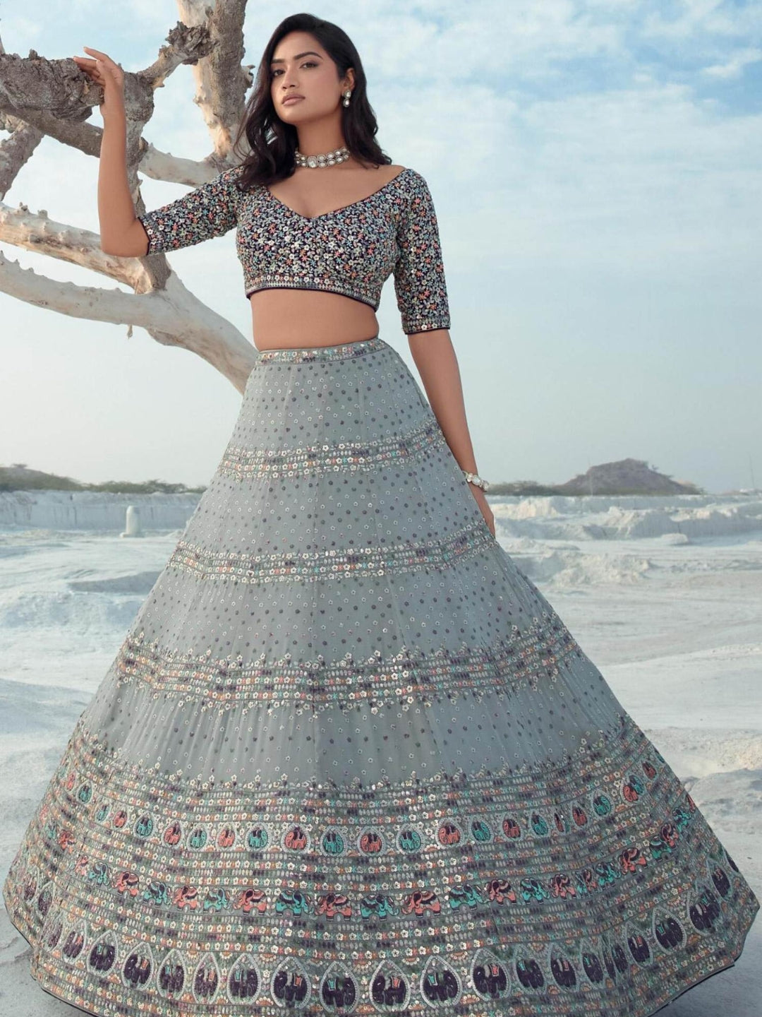 Elegant Grey Embroidered Georgette Embroidered Lehenga Choli Discount Purchase