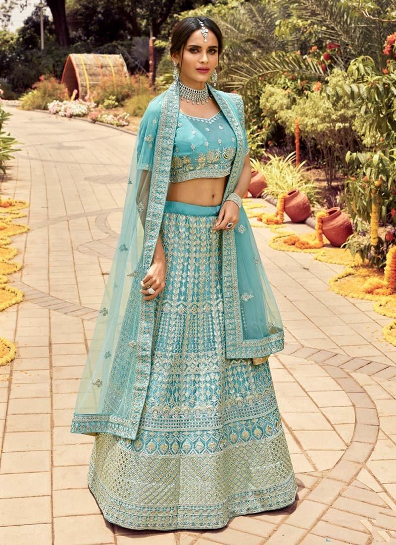 Turquoise Color Organza Base Lehenga Choli With Zari And Gota Work Fashionable Cheap Online