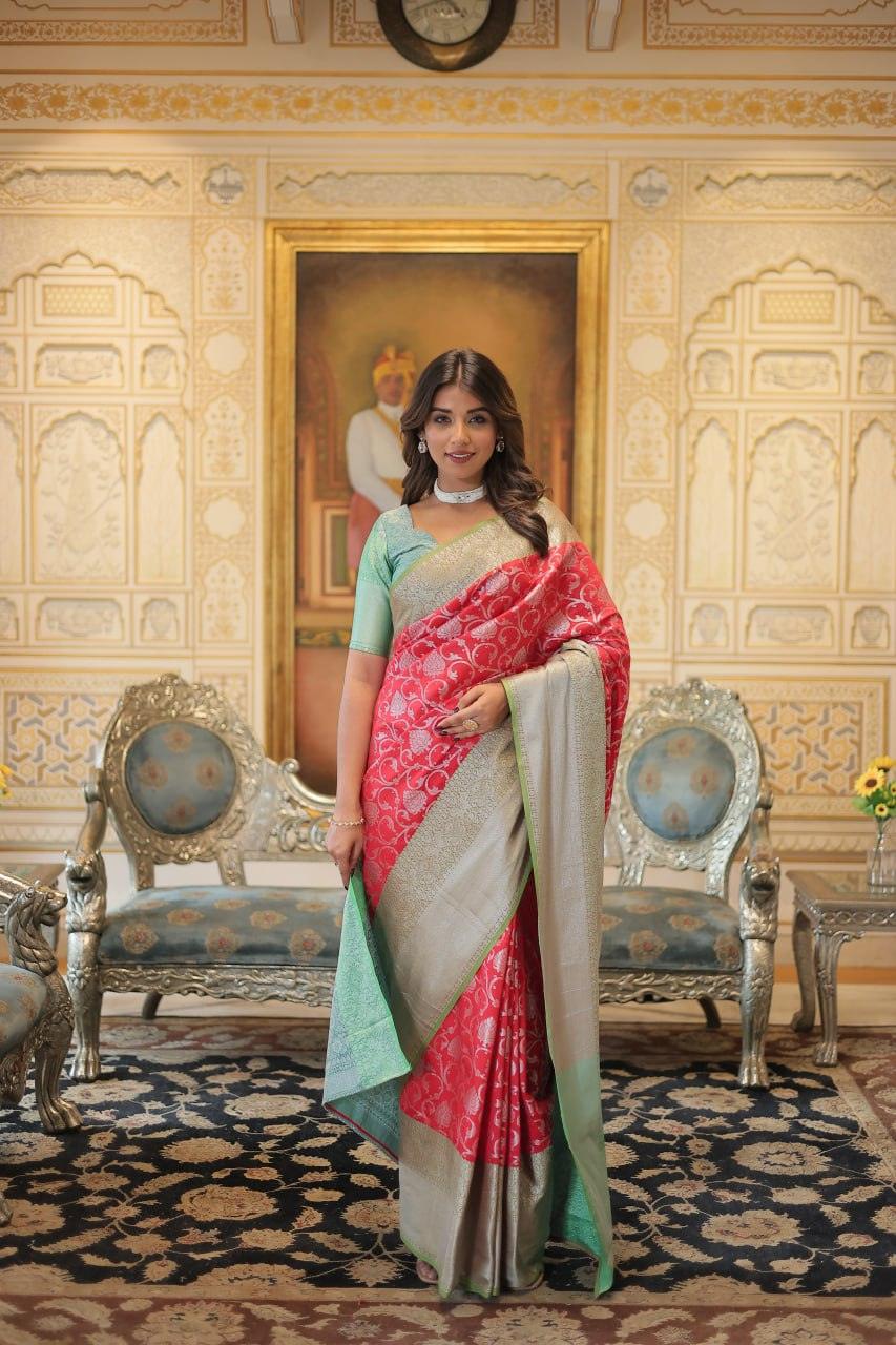 Exquisite Red and Green Silk Saree with Blouse Free Shipping Largest Supplier