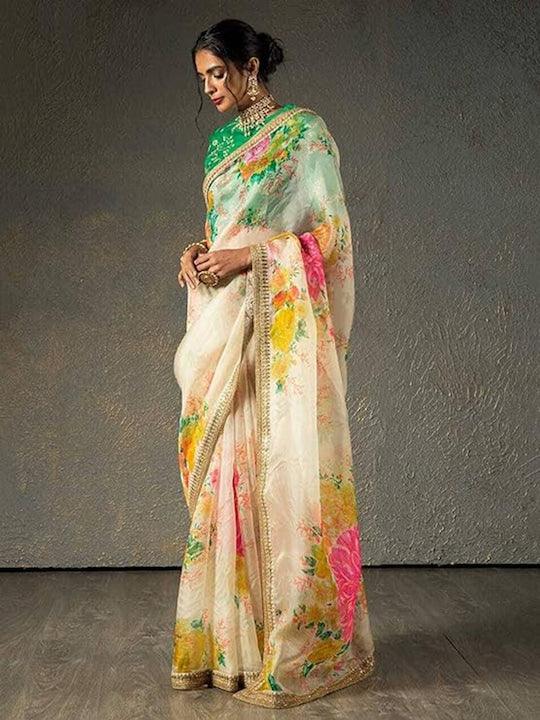 Cream Organza Floral printed Saree With Paypal