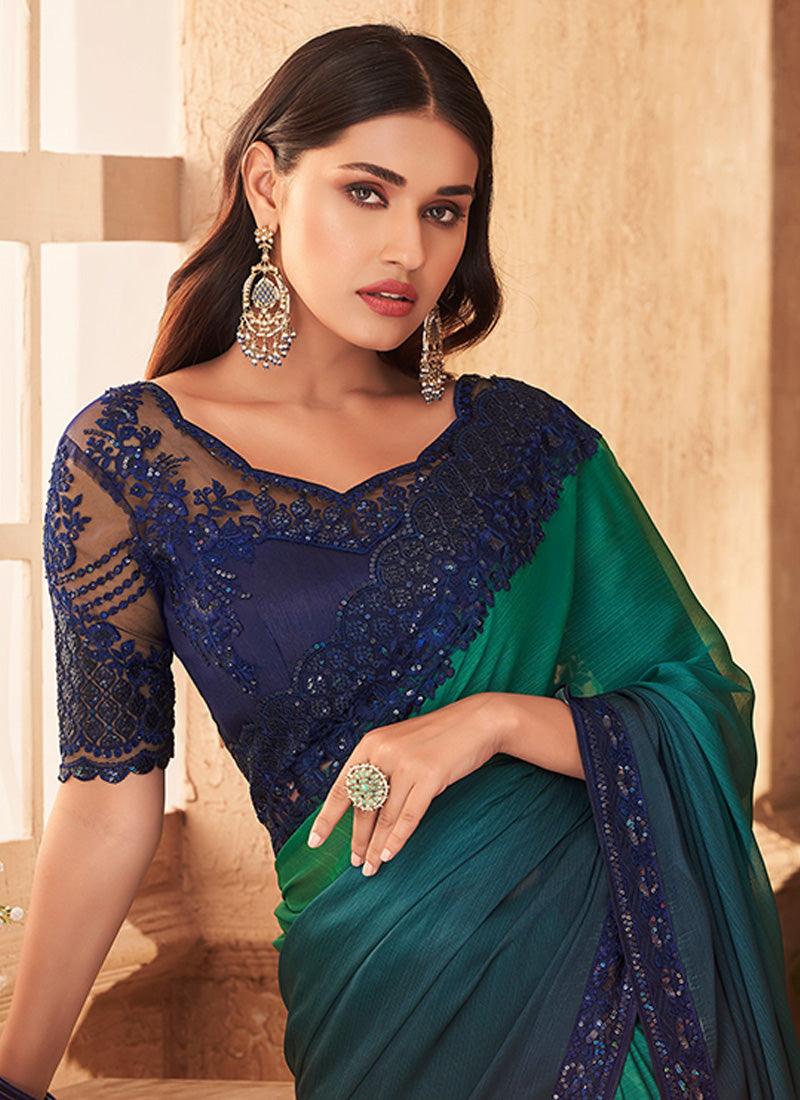 Blue And Green Color Silk Material Saree With Sequins Work Cheap Big Sale