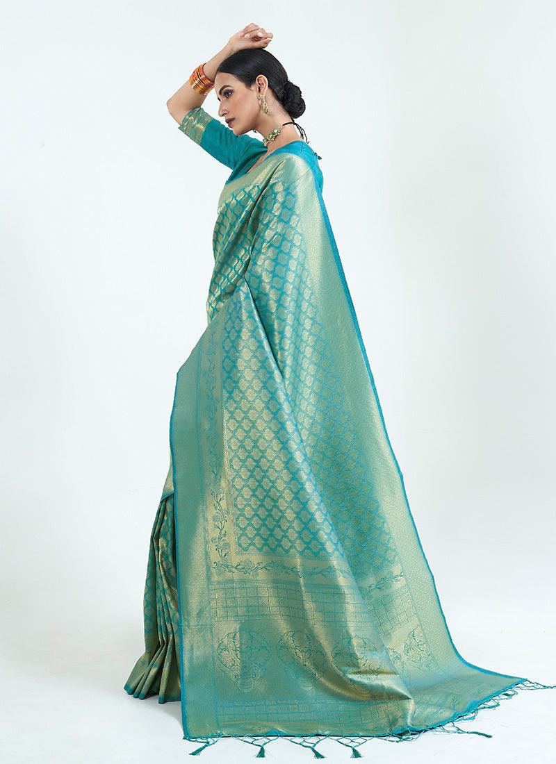 Turquoise Blue Color Silk Material Silk Weave Amazing Embroidered Saree Buy Cheap Fashion Style