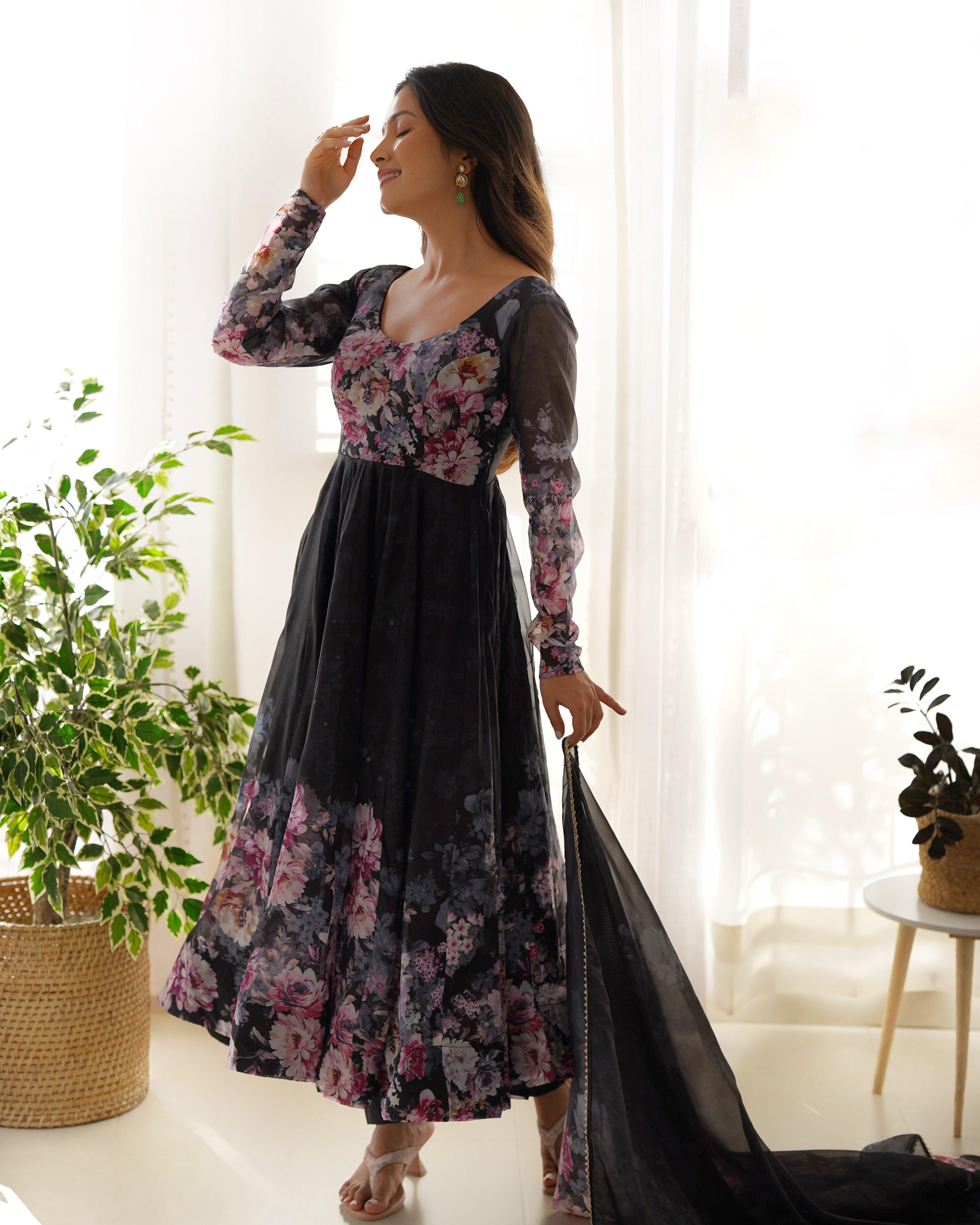 Black Organza Printed Anarkali Suit With Dupatta Sale Shop Offer