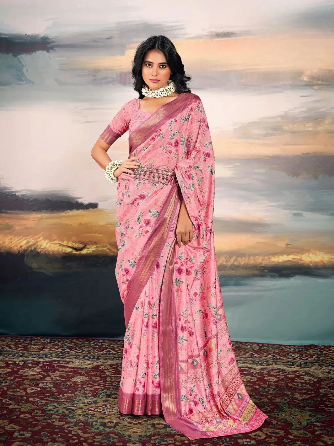 Pleasing and Fiery Pink Cotton Silk Digital Printed Saree Popular Sale Online