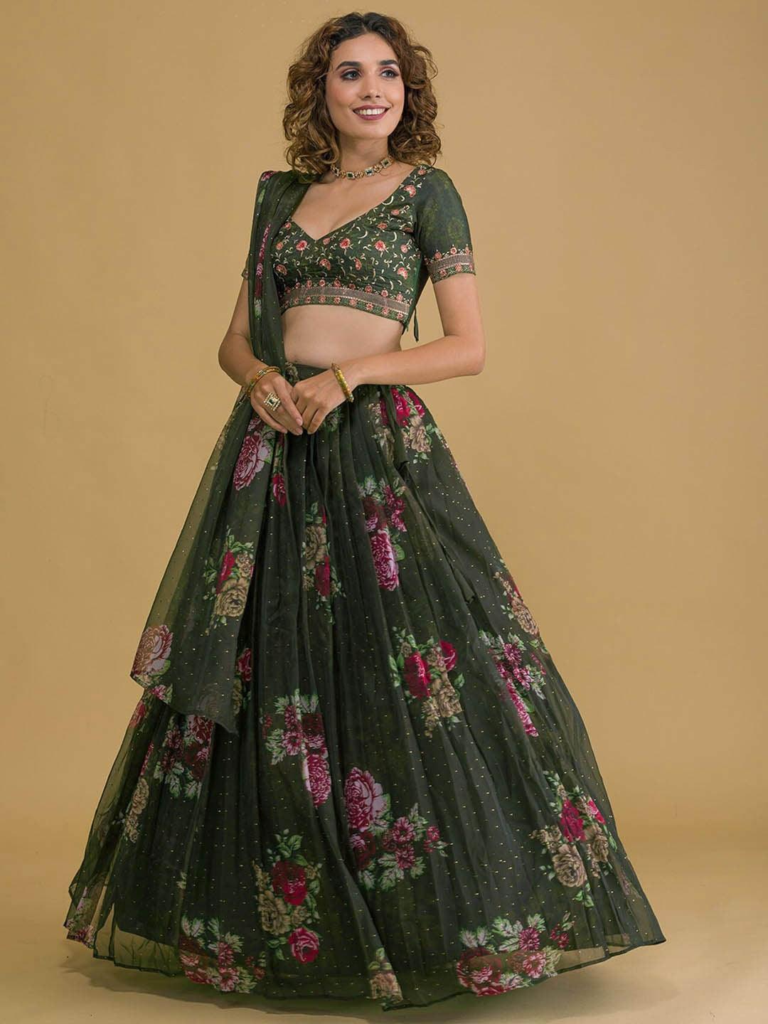 Green Organza Embroidered and Thread work lehenga choli Cheap Sale Wiki