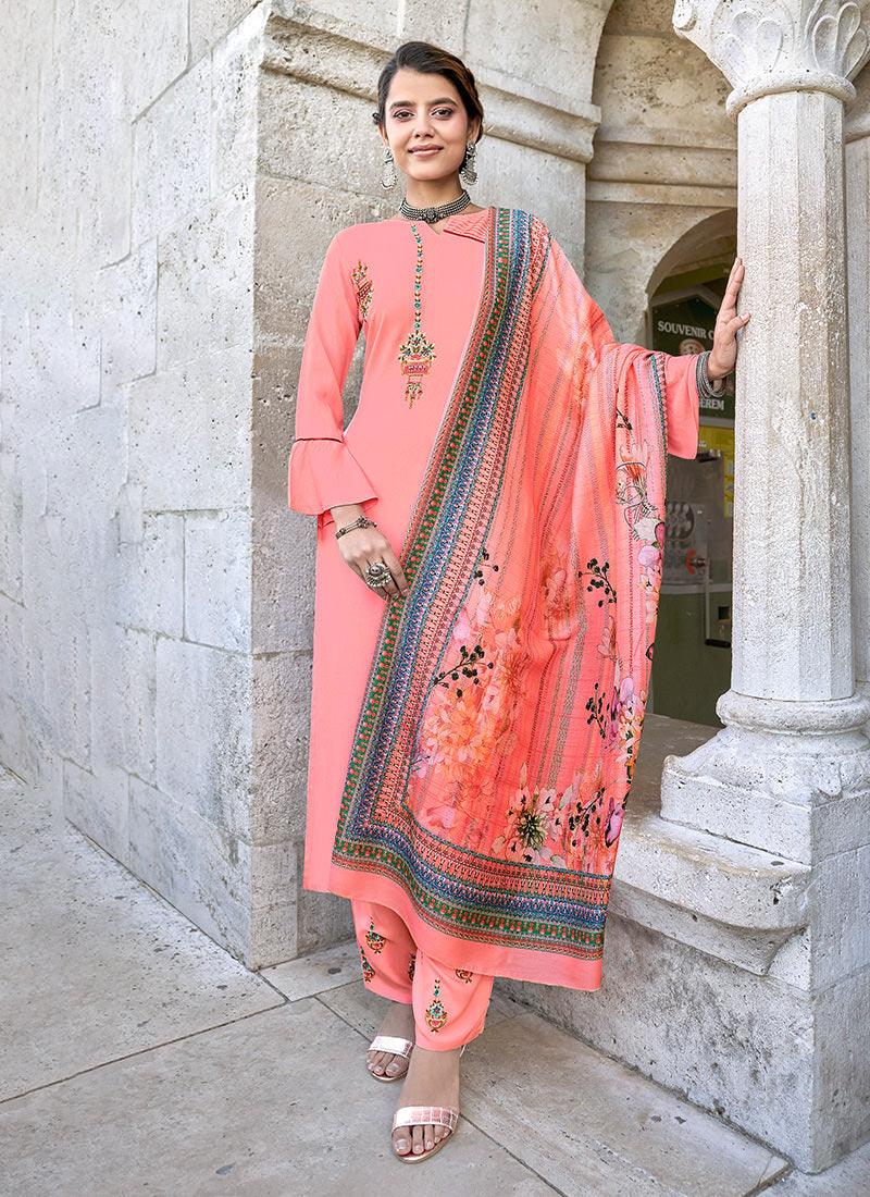 Bell Sleeves Peach Kurti With Heavy Dupatta Clearance Manchester Great Sale