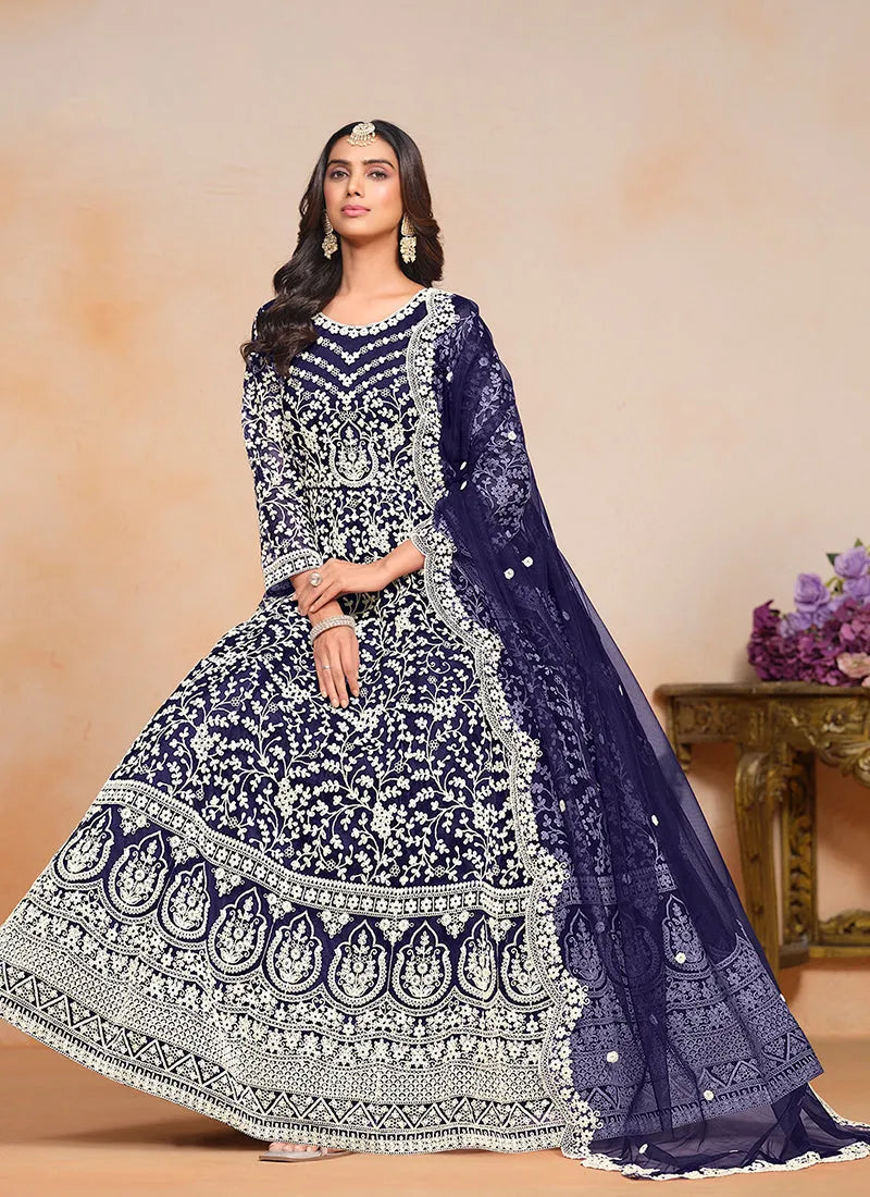 Fiery Dark Blue Designer Embroidered Anarkali Gown Inexpensive For Sale