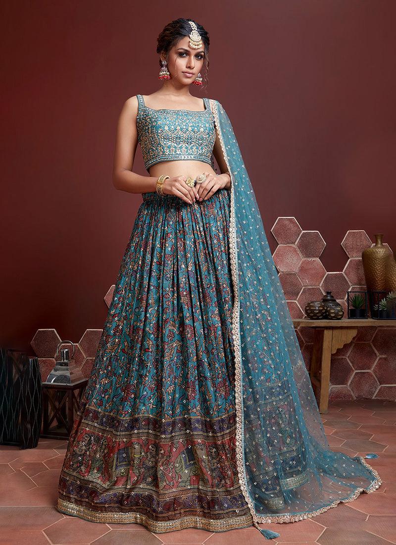 Sky Color Sleeveless Blouse Floral Lehenga With Heavy Embroidery Work Free Shipping Exclusive