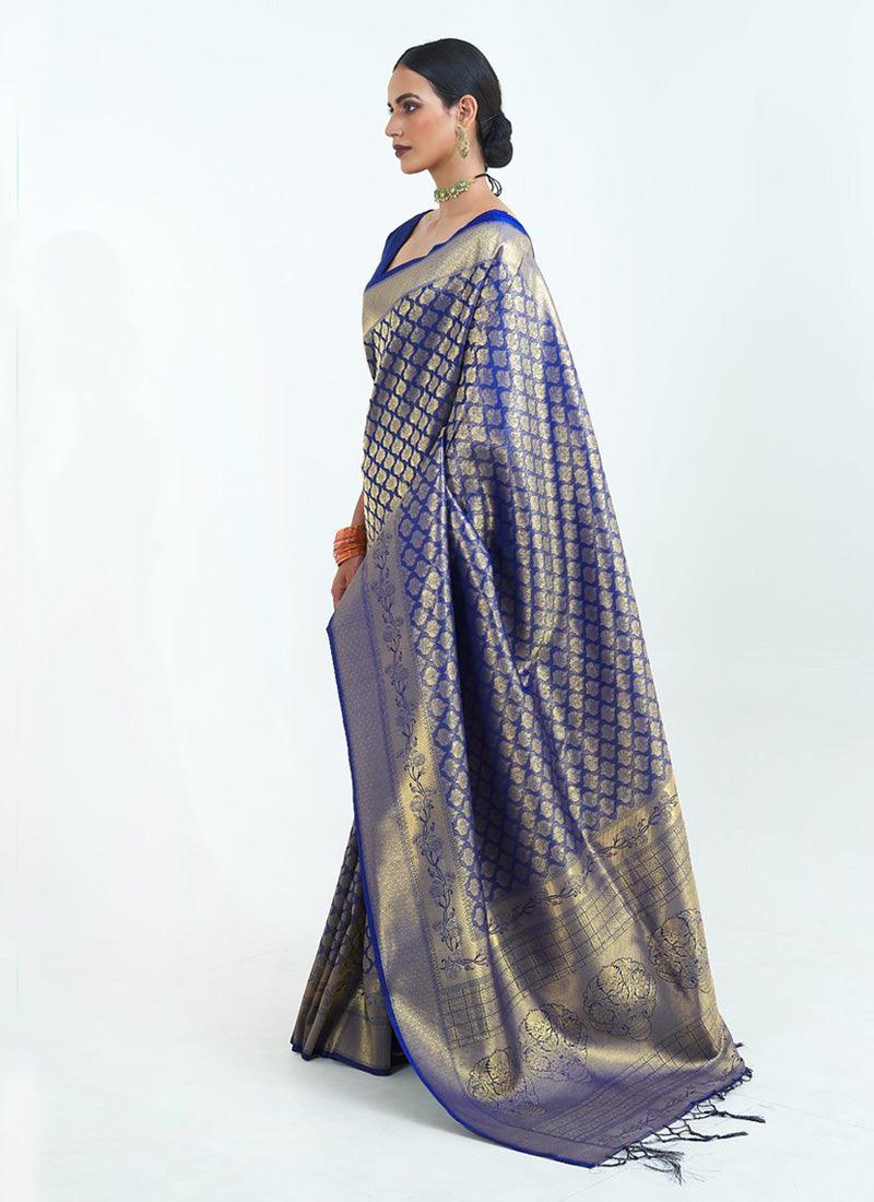 Indigo Blue Color Silk Weave Silk Fabric Embroidered Saree Recommend Cheap Online