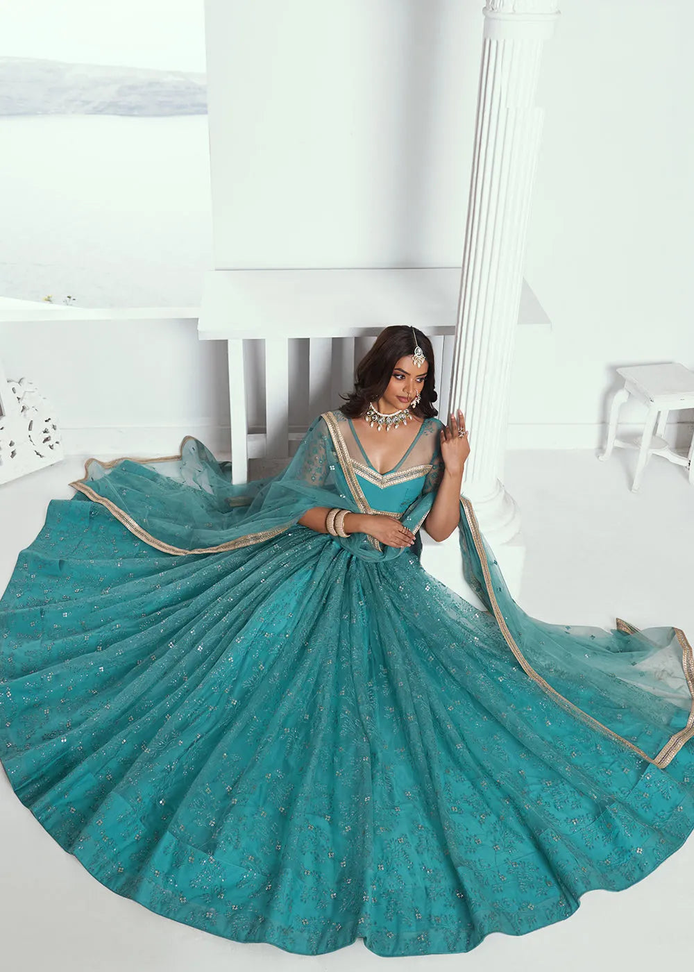 Gorgeous Rama Green Embroidered Net Wedding Lehenga Choli 2025 New Sale Online