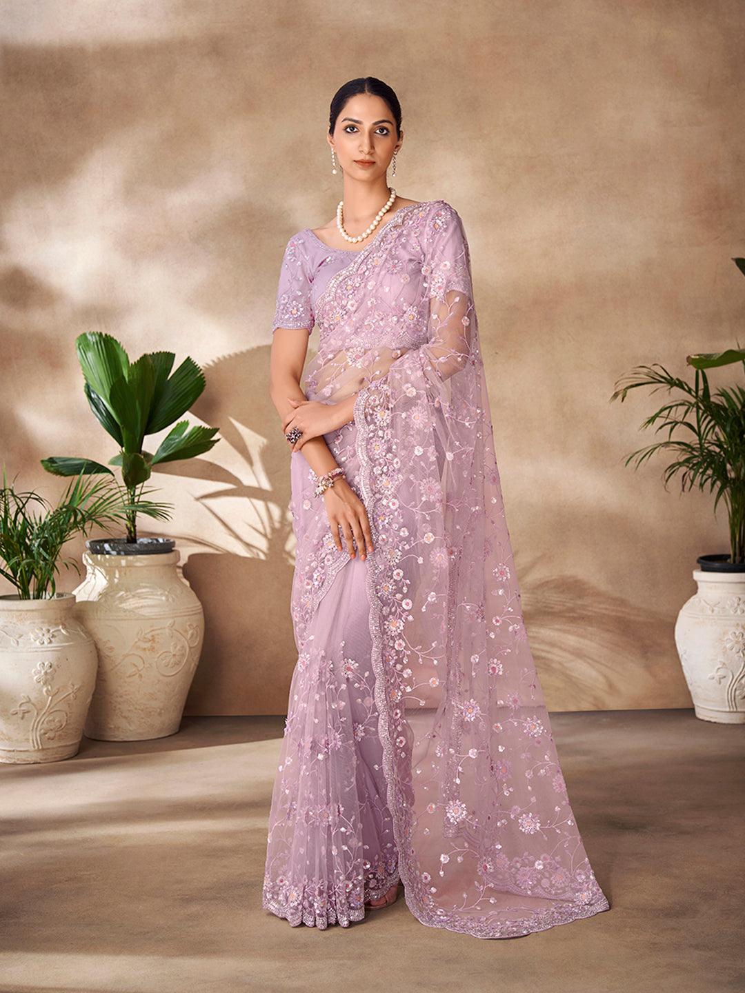 Net base Lilac color with zarkan and thread work saree Collections Cheap Online