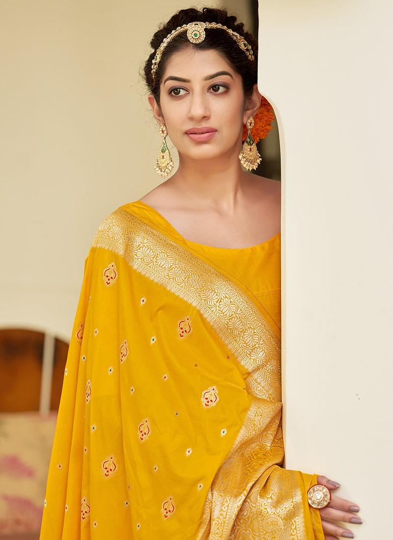 Yellow Color Banarasi Silk Fabric Saree With Silk Weaving Cheap Sale Cheapest