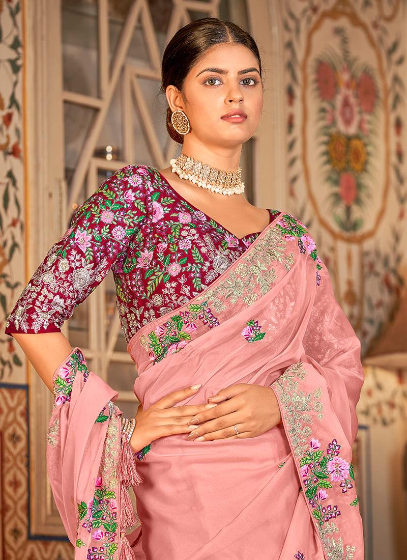 Thread Work Baby Pink Organza Saree Buy Cheap Buy