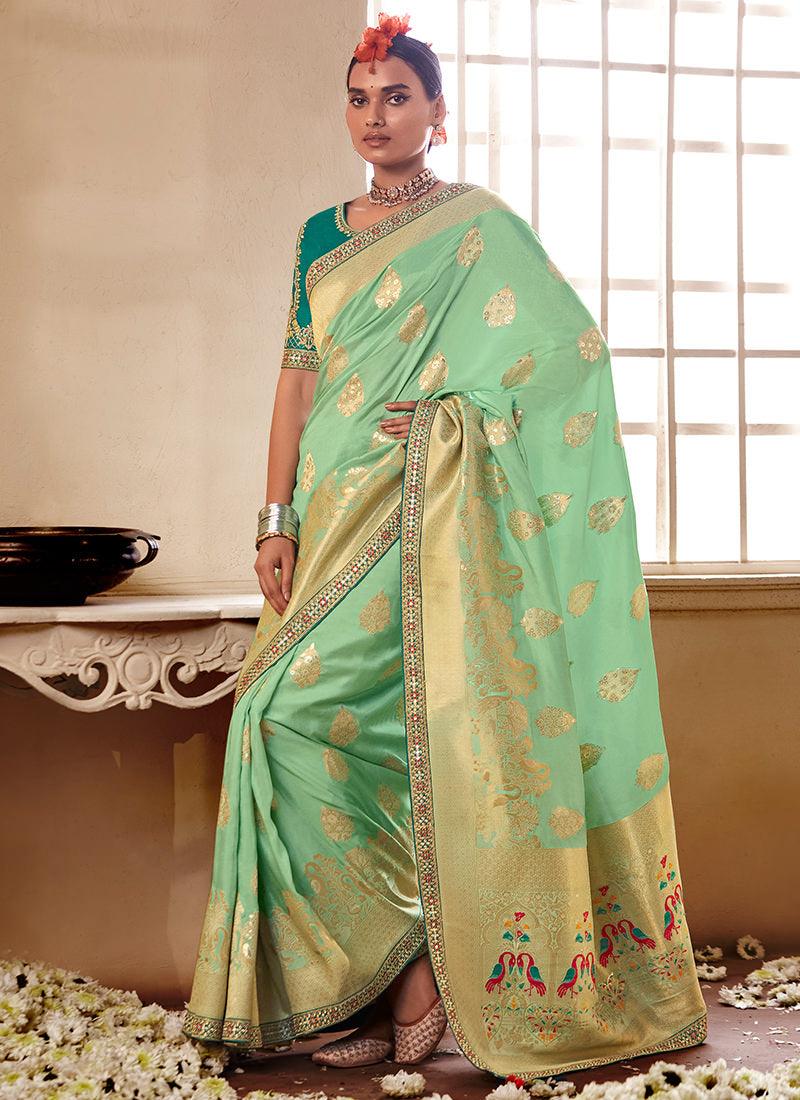 Embroidered Blouse Sea Green Dola Silk Saree Outlet New Styles