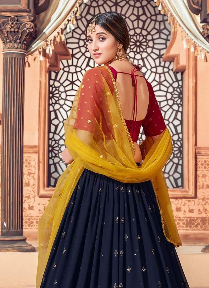 Navy Blue Color Georgette Fabric Sequins Work Lehenga With Red Color Blouse Best Sale Cheap Pice