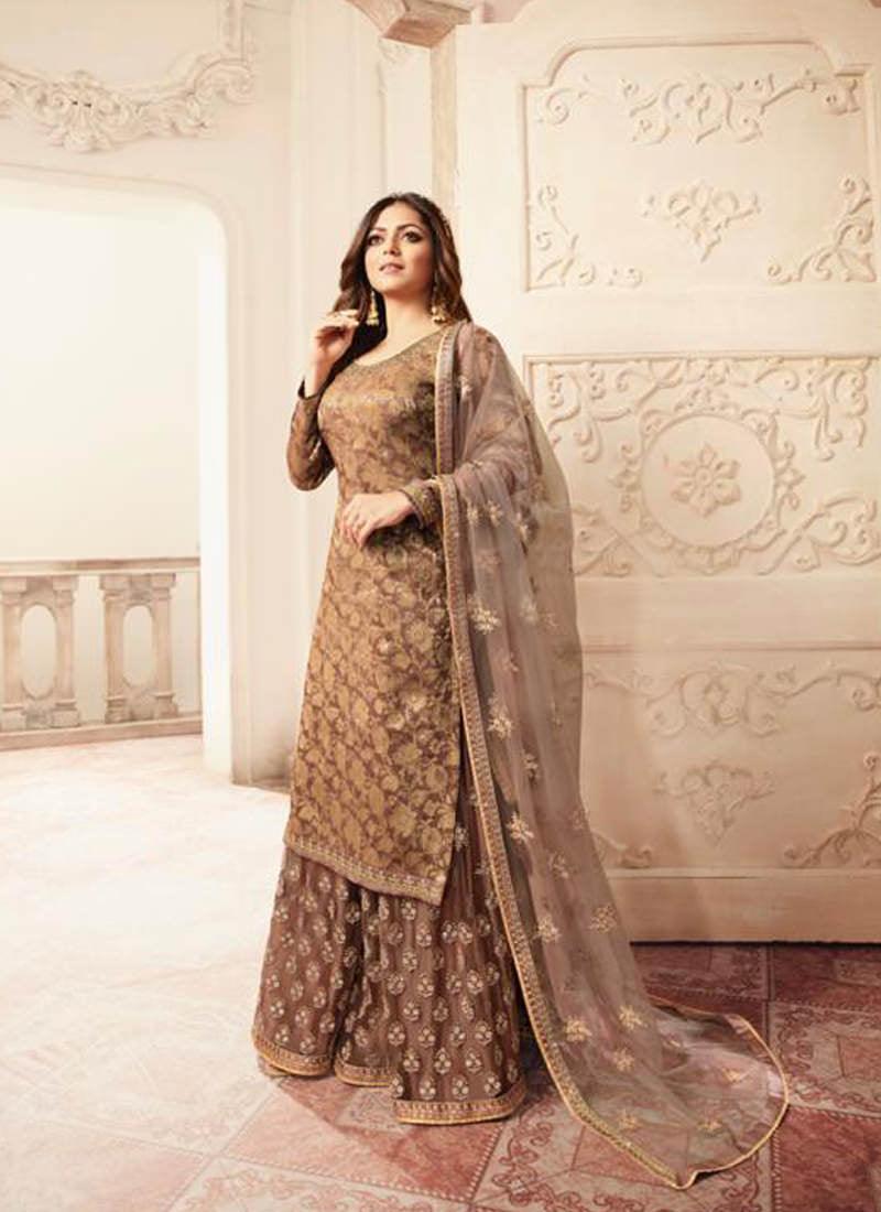 Sparkling Light Brown Silk Base Embroidered Salwar Suit Get To Buy