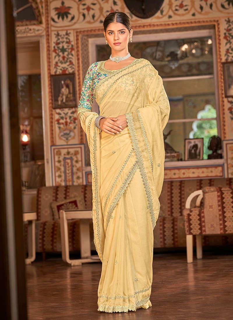 Thread Work Yellow Organza Saree Sale Cost