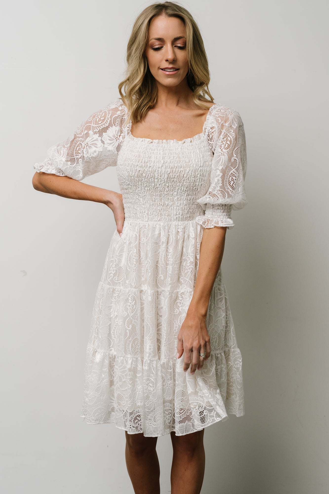 Tate Smocked Lace Short Dress | Off White Really Cheap