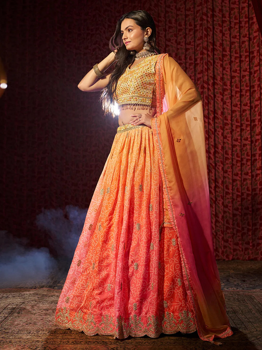 Gorgeous Orange Printed or Embroidered Organza Lehenga Choli Cheap Sale Explore