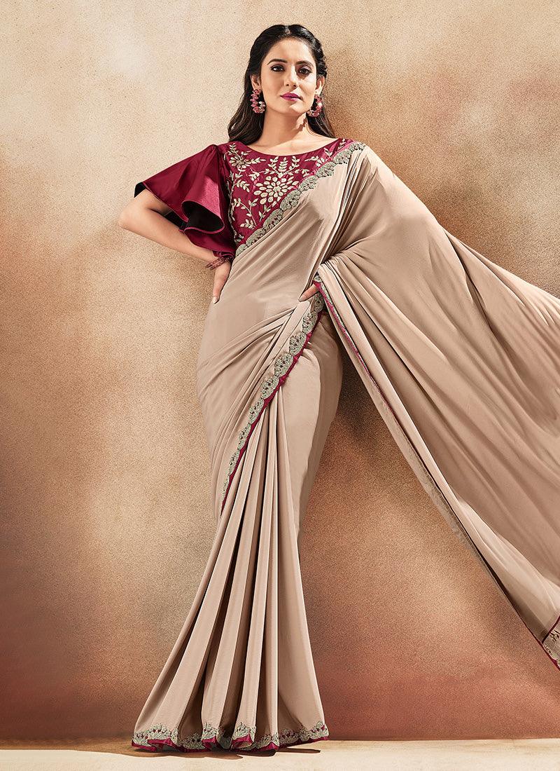 Partywear Beige Color Silk Base Resham Work Saree With Butterfly Sleeves Blouse Discount Cheap Online