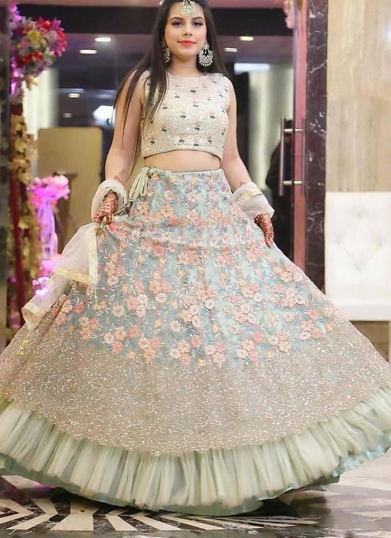 Resham And Sequins Work Beige Color Soft Net Base Lehenga Choli with Net Dupatta Free Shipping For Sale