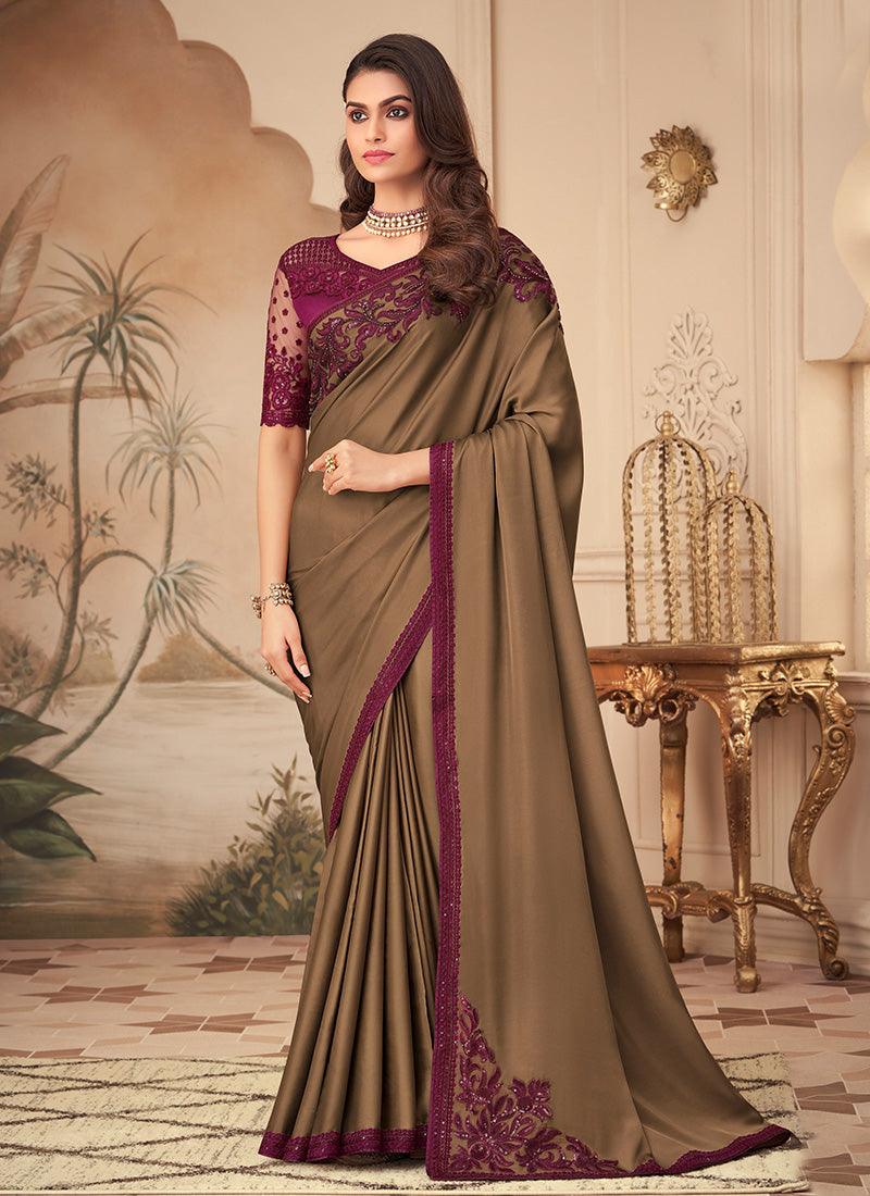 Silk Base Olive Green Color Sequins Work Saree With Contrast Blouse Outlet Looking For