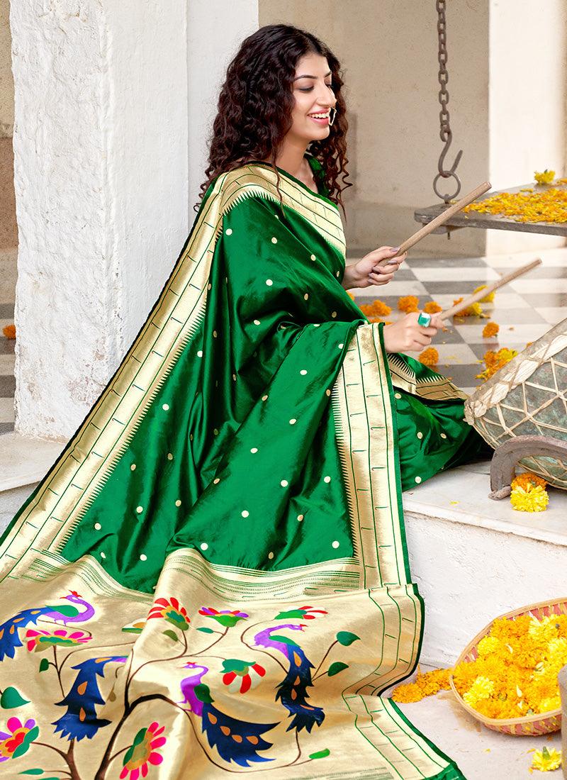 Green Color Banarasi Silk Material Silk Weave Ethnic Wear Saree Genuine Sale Online