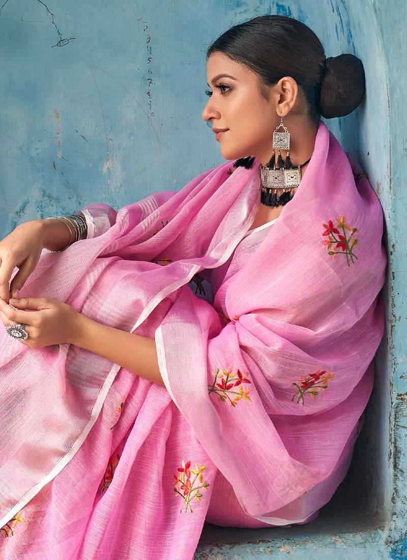 Pink Linen Saree With Sleeveless Blouse 2025 Unisex Online