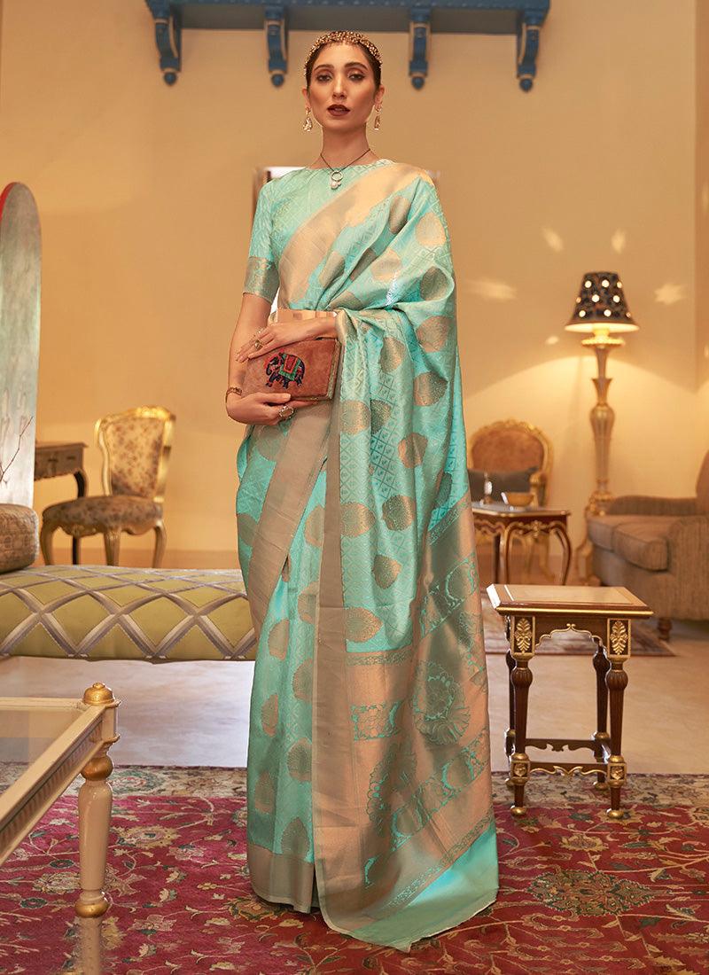 Sea Green Color Silk Base Silk Weave Saree With Boat Neck Blouse Discount Footaction