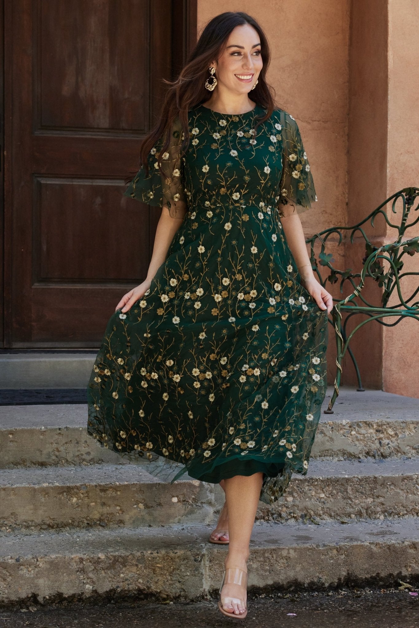 Arabella Embroidered Tulle Maxi Dress | Dark Green Floral Outlet Newest