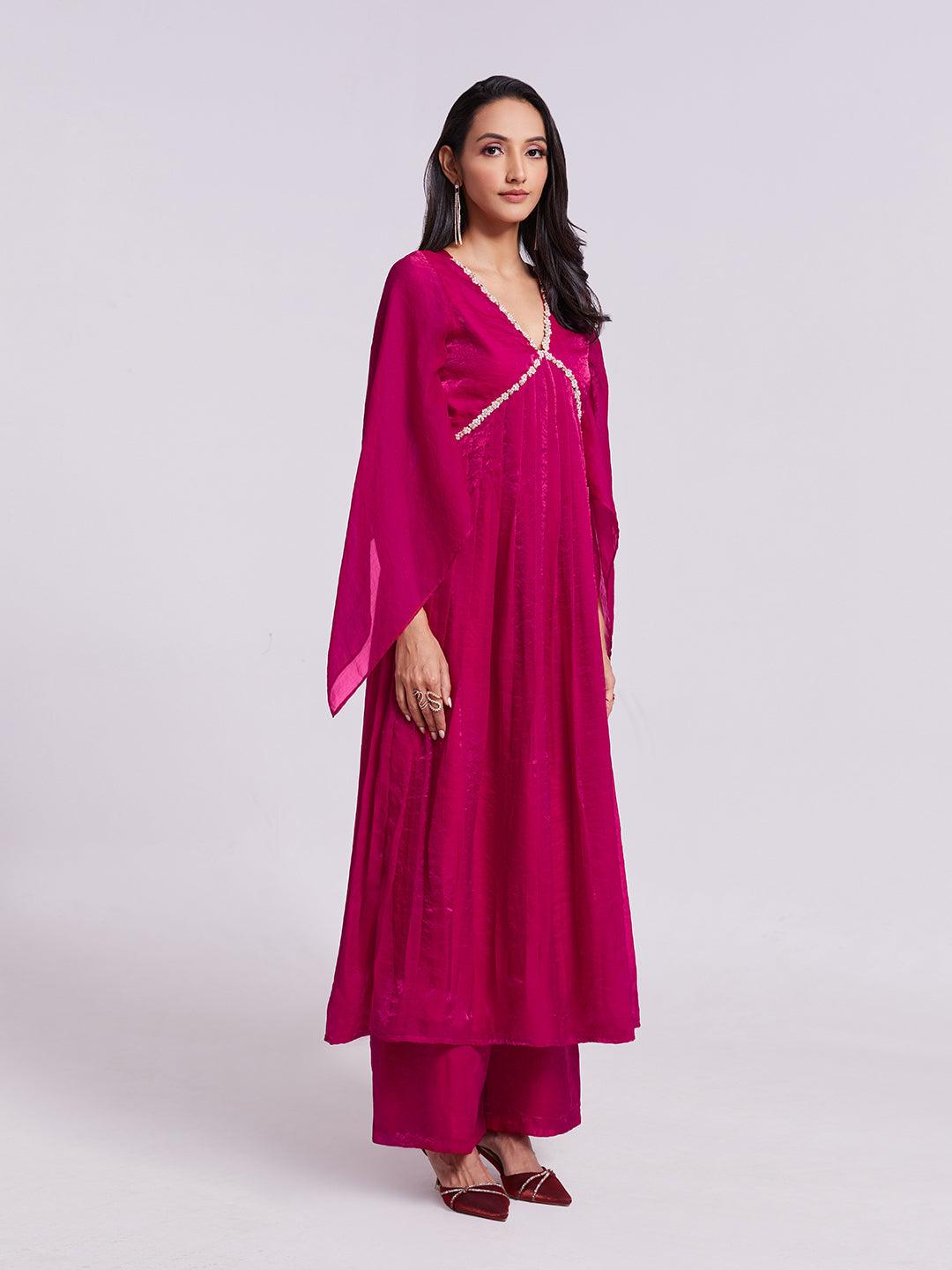 Rani pink organza salwar kameez with cape sleeve and hand work Sale Cheapest