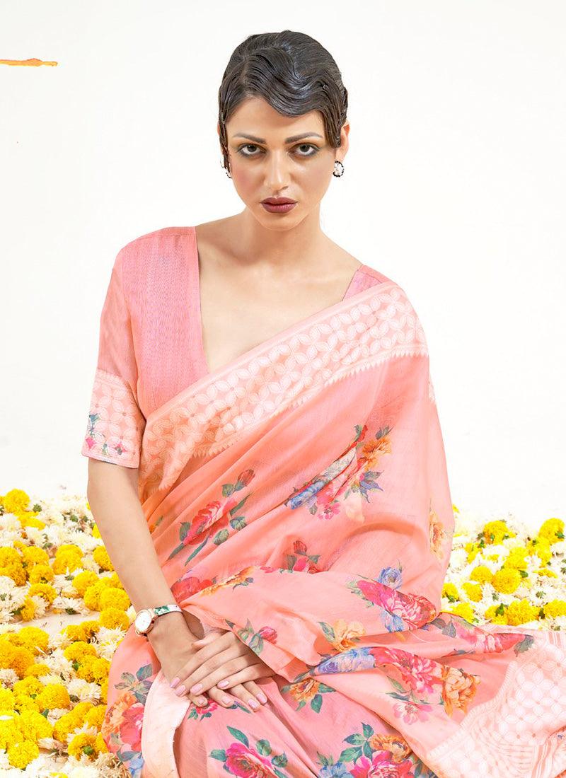 Sumptuous Look Peach Color Floral Print Saree With Silk Weaving Clearance Amazing Pice