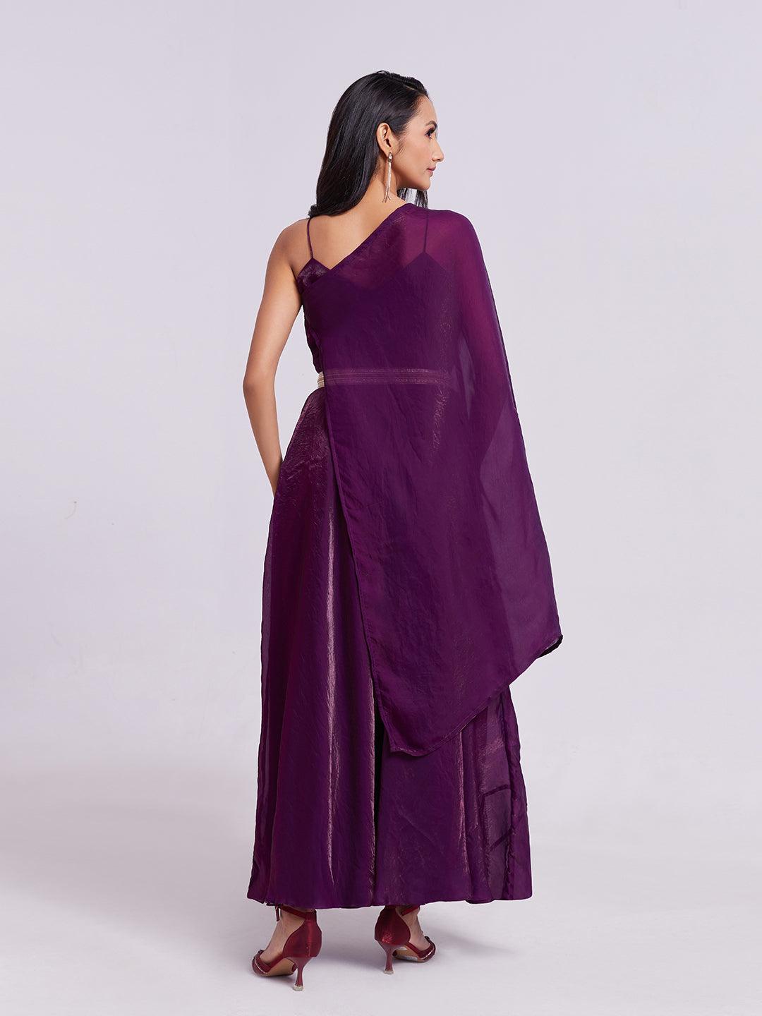 Purple organza readymade gown with attach dupatta and belt Discount Huge Surprise