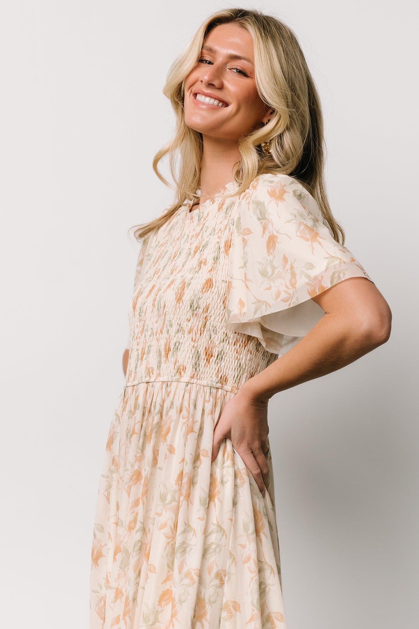 Bailey Smocked Midi Dress | Ivory + Golden Floral Tumblr Cheap Pice