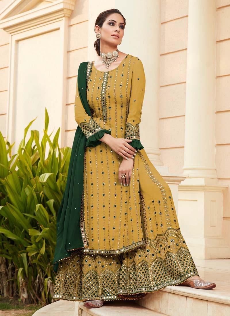 Ocher Yellow Color Georgette Base Wedding Wear Designer Look Palazzo Suit Discount Shop Offer