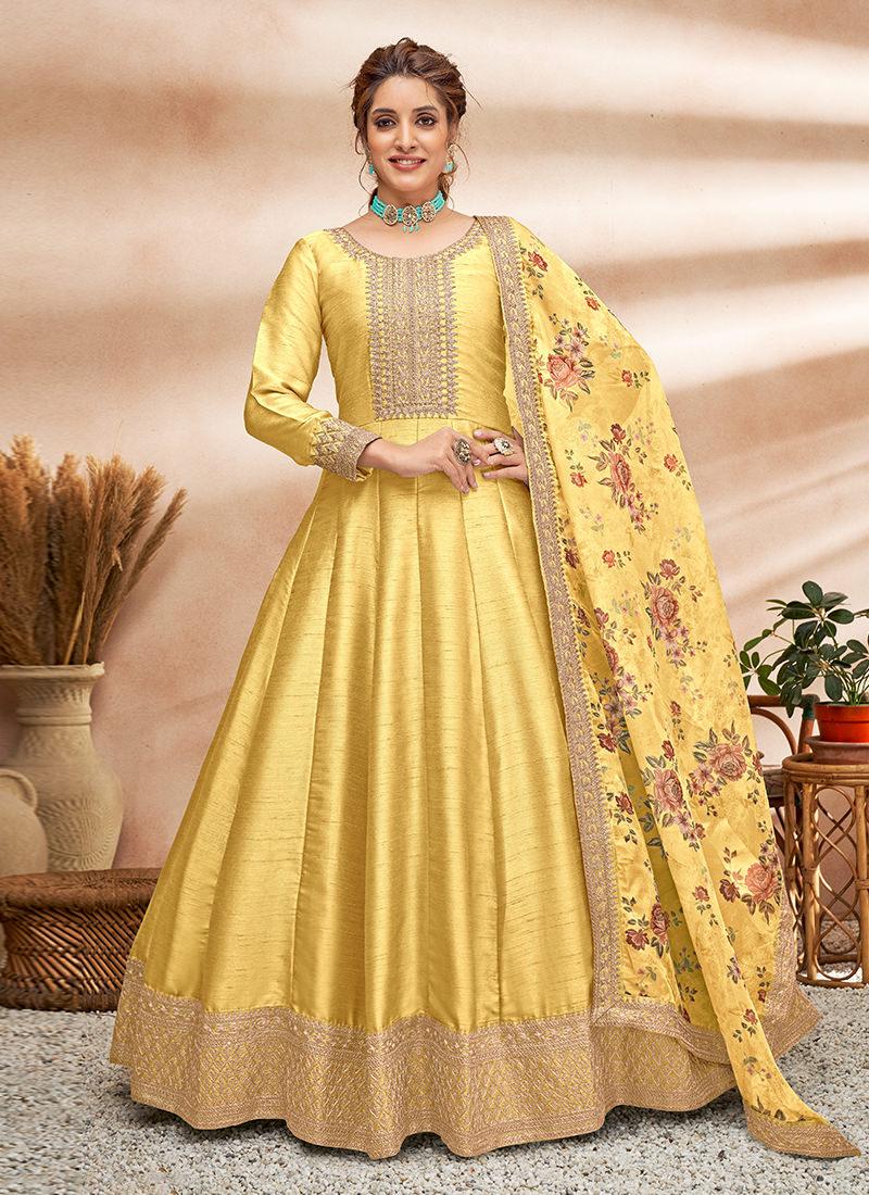 Embroidered Art Silk Fabric Yellow Gown Outlet Amazon