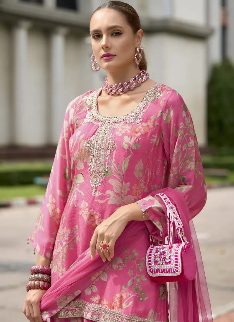 Designer Rich Pink Embroidered and Printed Palazzo Suit Discount Best Seller