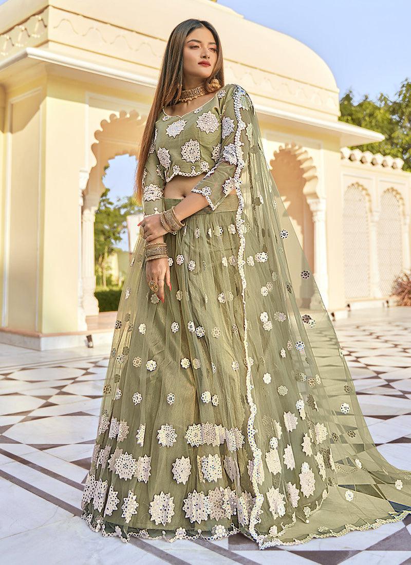 Attractive Look Green Color Soft Net Fabric Mirror Work Lehenga Cost For Sale