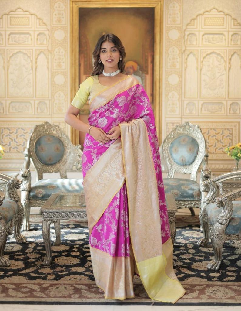 Vibrant Pink Banarasi Silk Saree with Golden Border For Nice Cheap Price