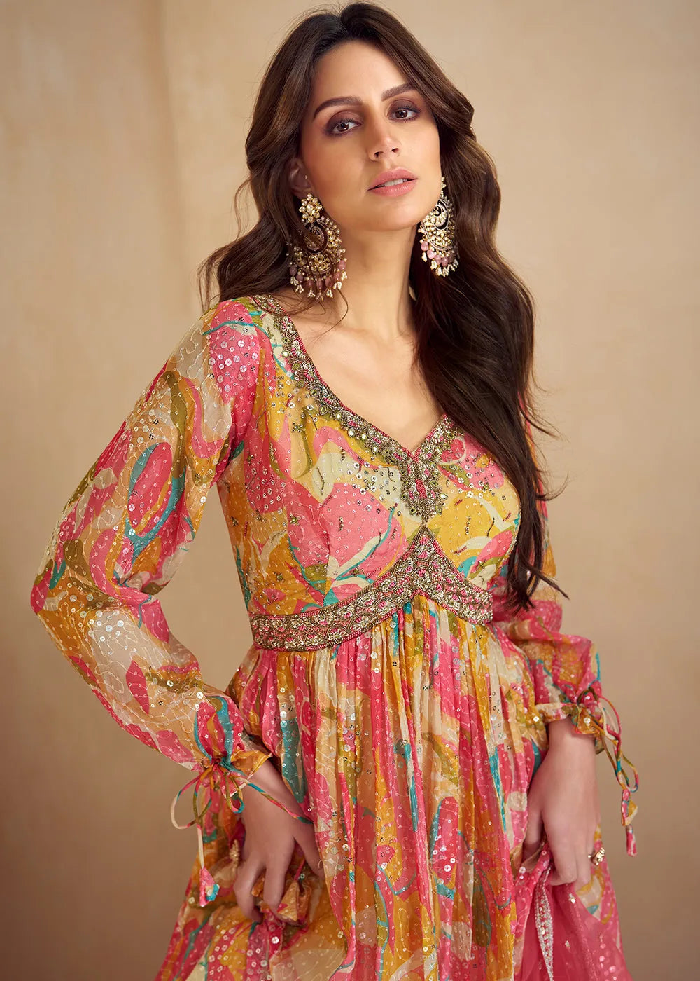 Multicolored Pure Chinon Printed Mirror Handworked Designer Gown Sale Clearance