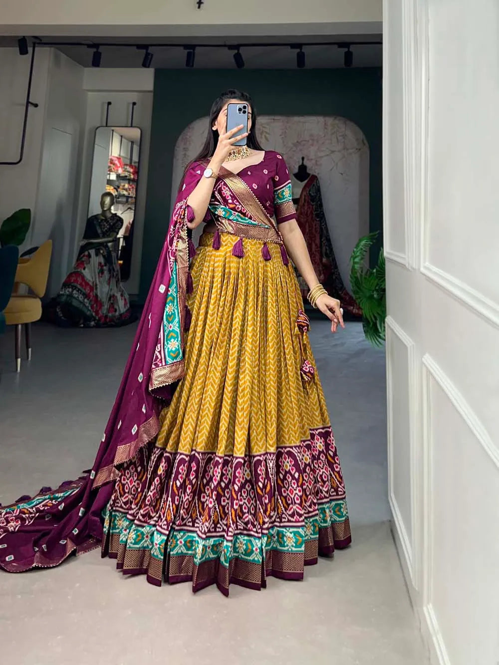 Impressive Tussar Silk Patola Printed Foil Worked Lehenga Choli Discount Great Deals