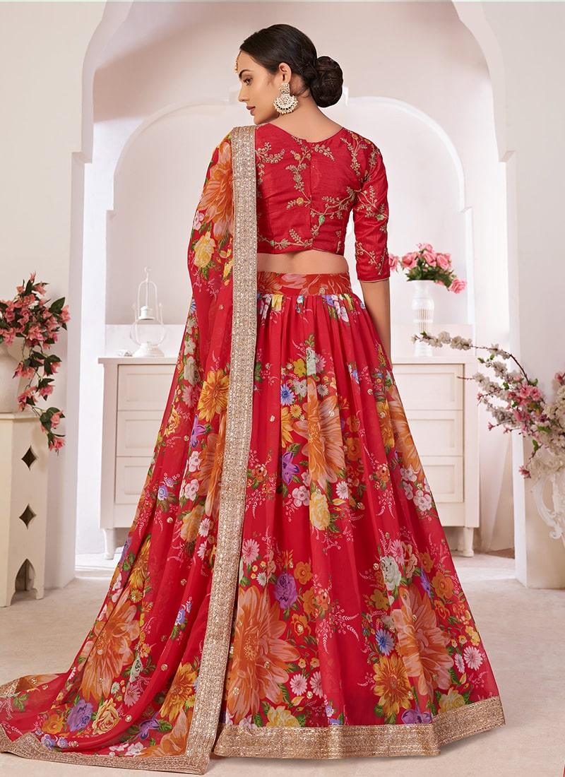 Georgette Base Red Color Lehenga With Floral Print Original Cheap Online