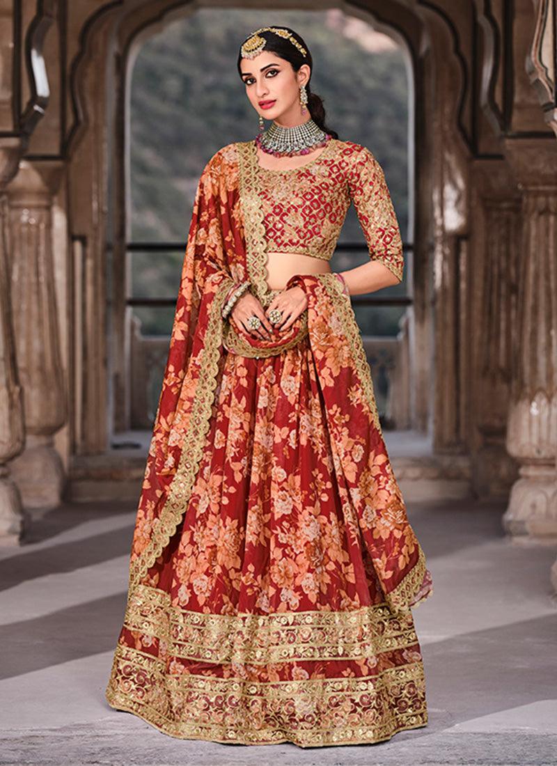 Red Color Organza Fabric Printed Lehenga With Dori Work Cheap Sale Visit