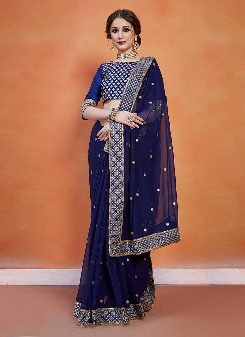 Exquisite Navy Blue Color Zari And Sequins Work Georgette Base Saree Clearance Tumblr