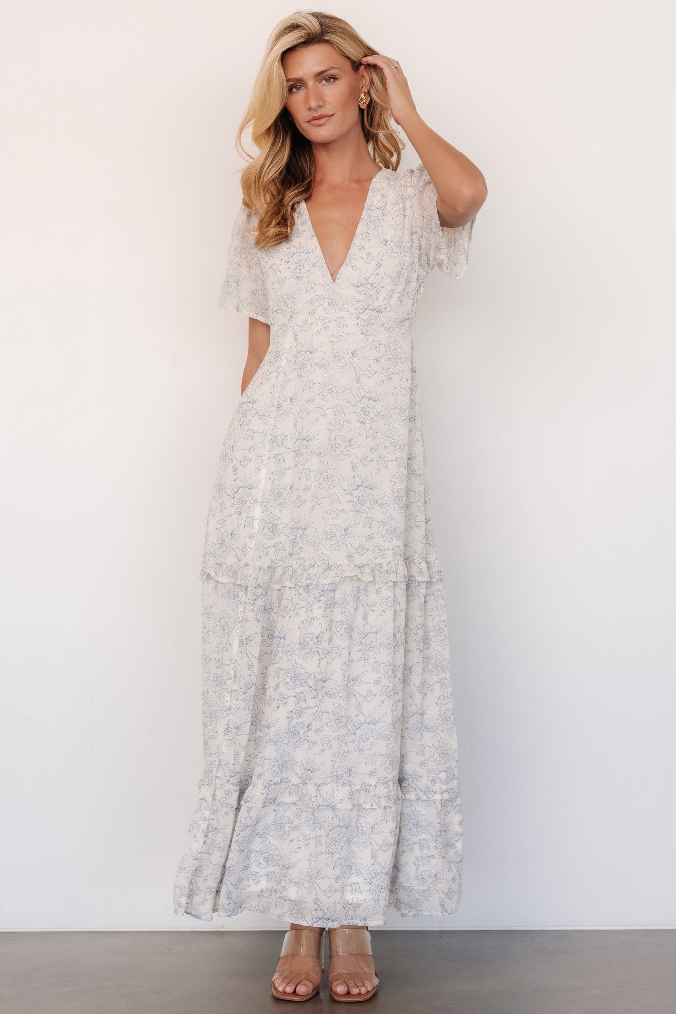 Audrey Deep V Maxi Dress | Off White + Blue Floral Cheap Official