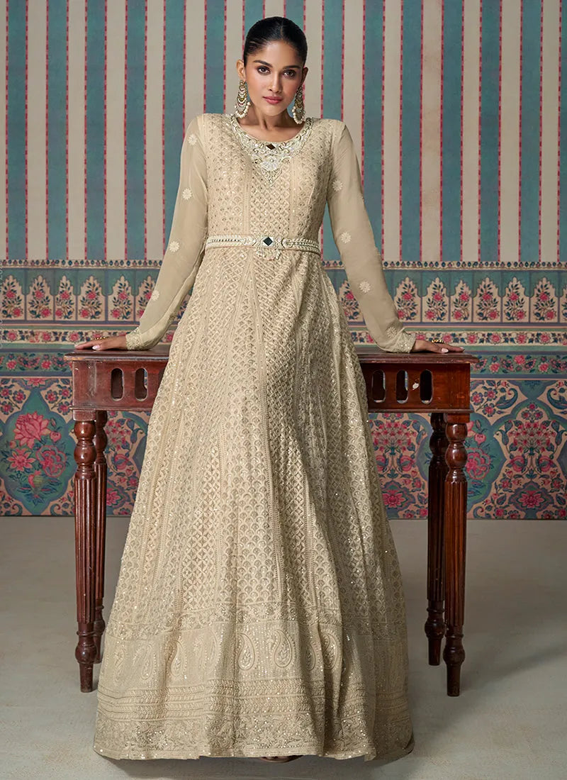 Brilliant Beige Chikankari Embroidered Anarkali Gown Sale Outlet