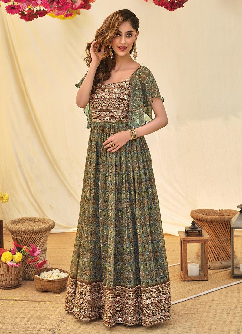 Floral Printed Green Anarkali Suit With Ruffled Sleeves Quality Free Shipping For Sale