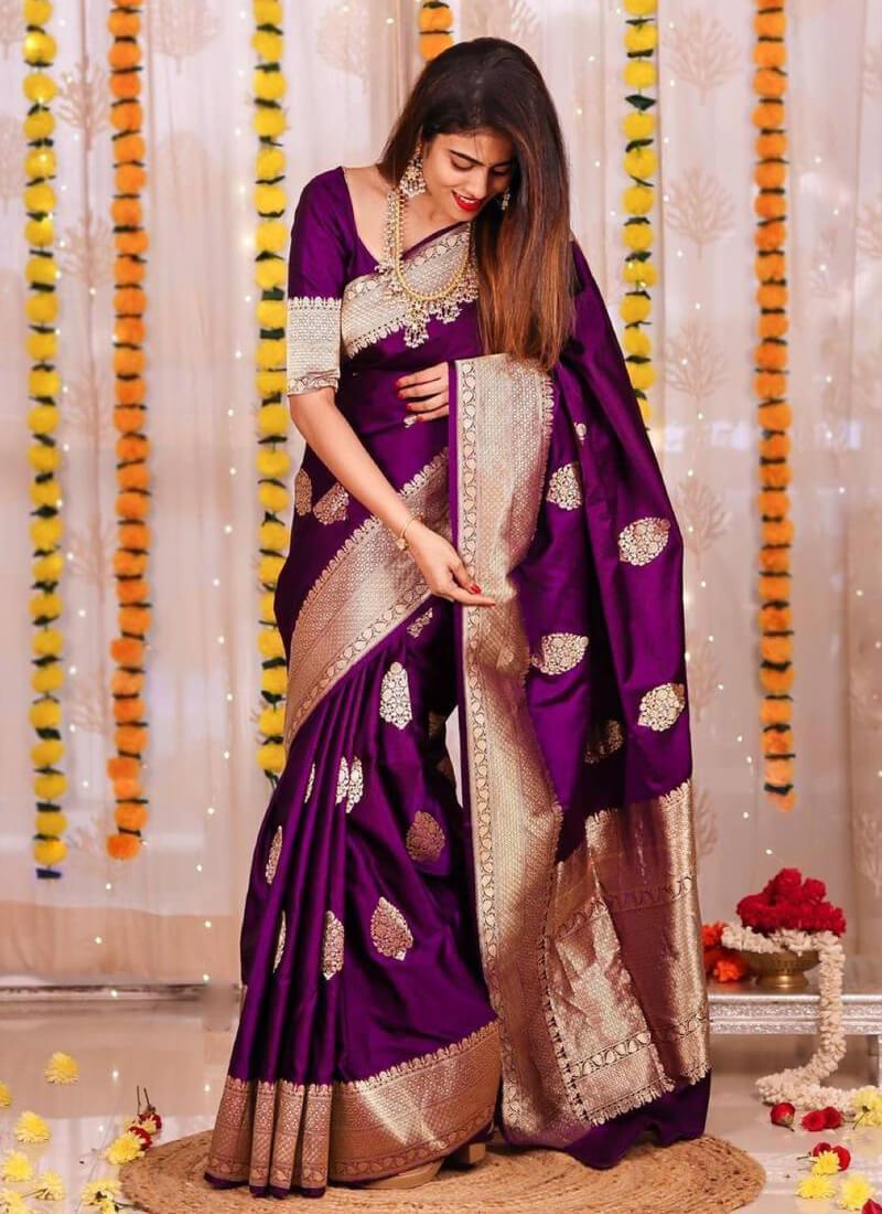 Dazzling Purple Color Silk Base Saree With Blouse Piece Cheap Fashionable