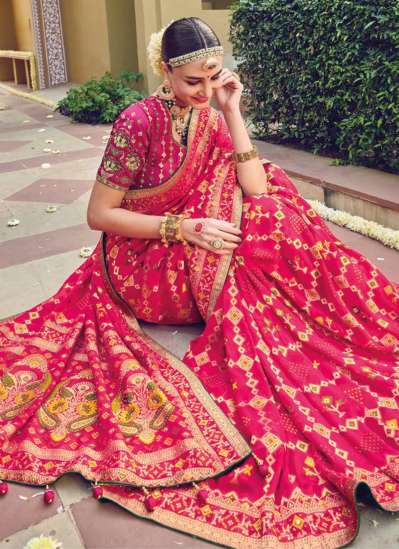 Double Blouse Pure Georgette Red Patola Saree New Online