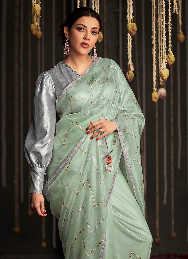 Juliet Sleeves V-Neck Green Bollywood Saree Extremely Cheap Online